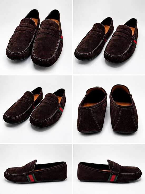 Gucci Web Suede Driver Loafers Men Size US 9 EU 42 Brown Cocoa Penny Strap Italy main image 6